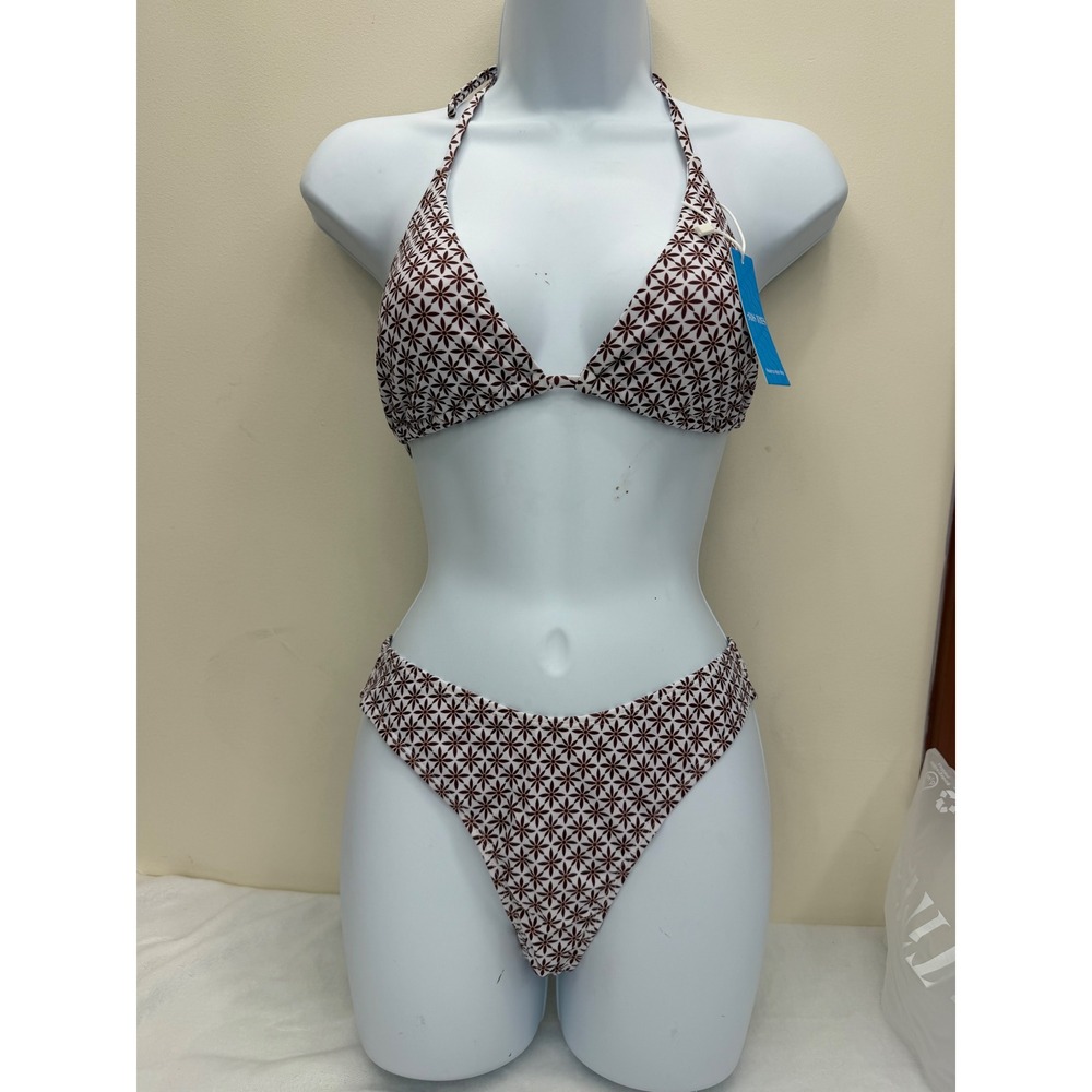 Has Times Bikini Set Women XL Burgundy White Floral Triangle High Cut Swimsuit